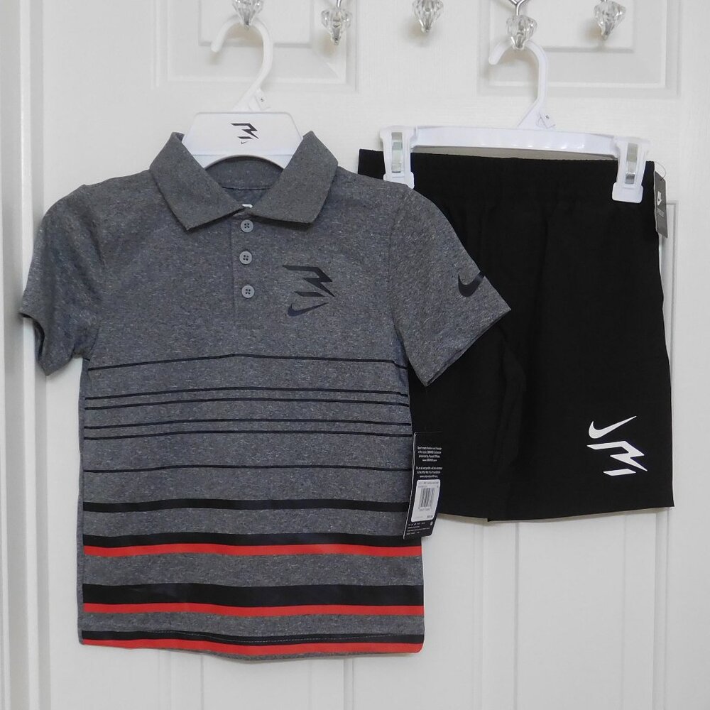 NWT 2pc Nike 3 Brand Gray Stripe Polo Shirt & Black Shorts Set sz 5 6 or 7
